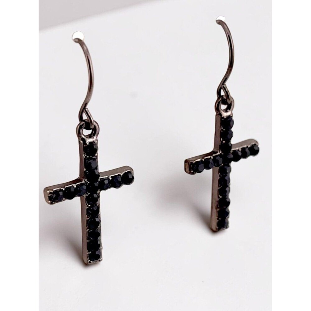 Black Crystal Cross Earrings Dark Romance Gothic Vintage Spain Prong Set